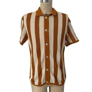 Dandy Del Mar Knit Button Down Shirt Mens M Rust Orange Cream Striped Crochet